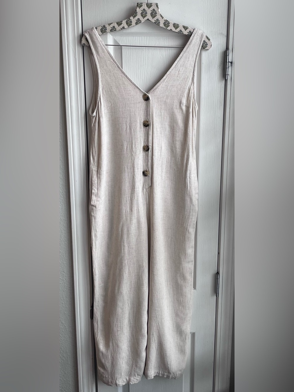 Topshop Linen Blend Wide Leg Button Front Jumpsuit Natural Cream Size 6